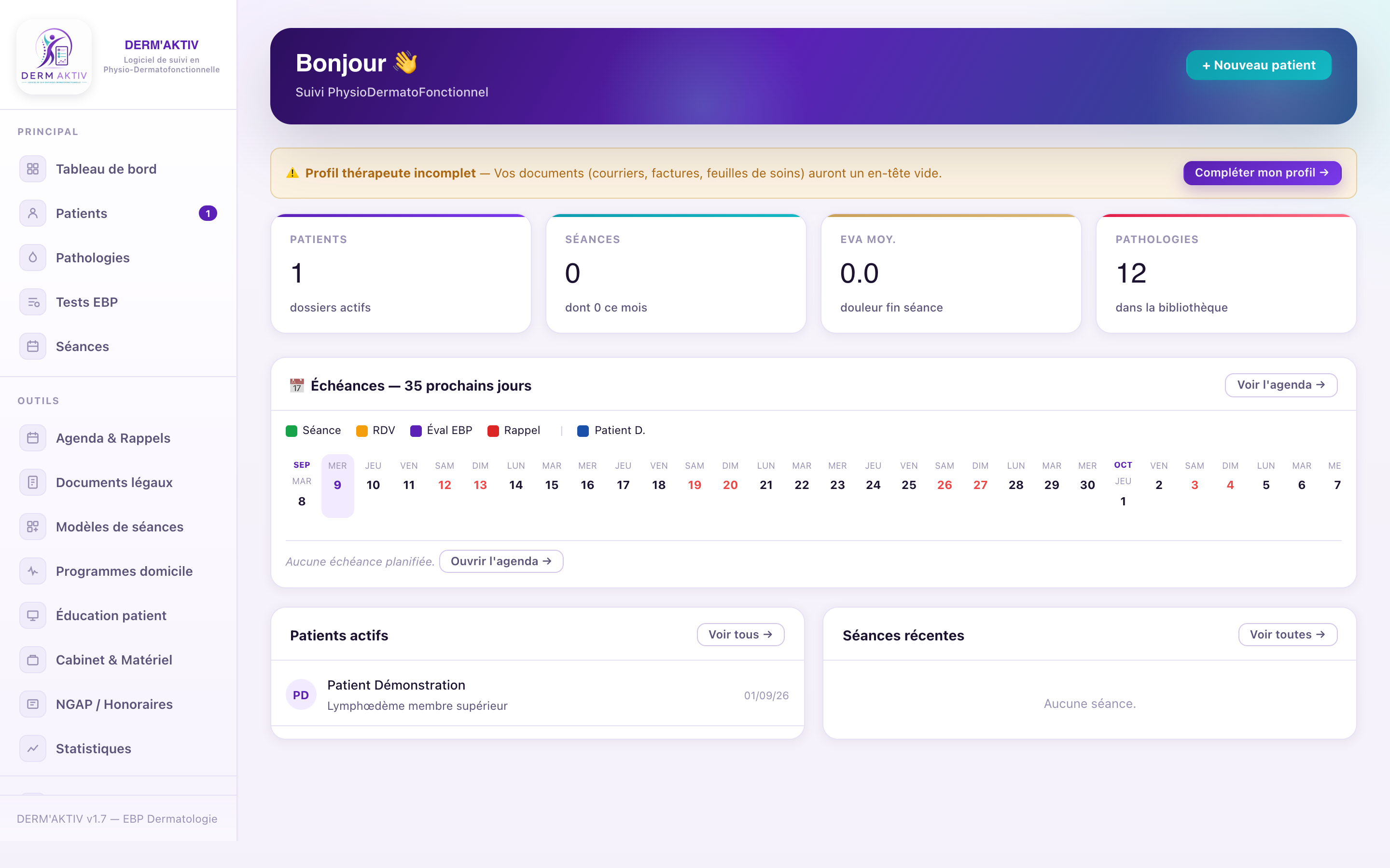 DERM AKTIV : Tableau de bord. Vue de démonstration sans données patients.