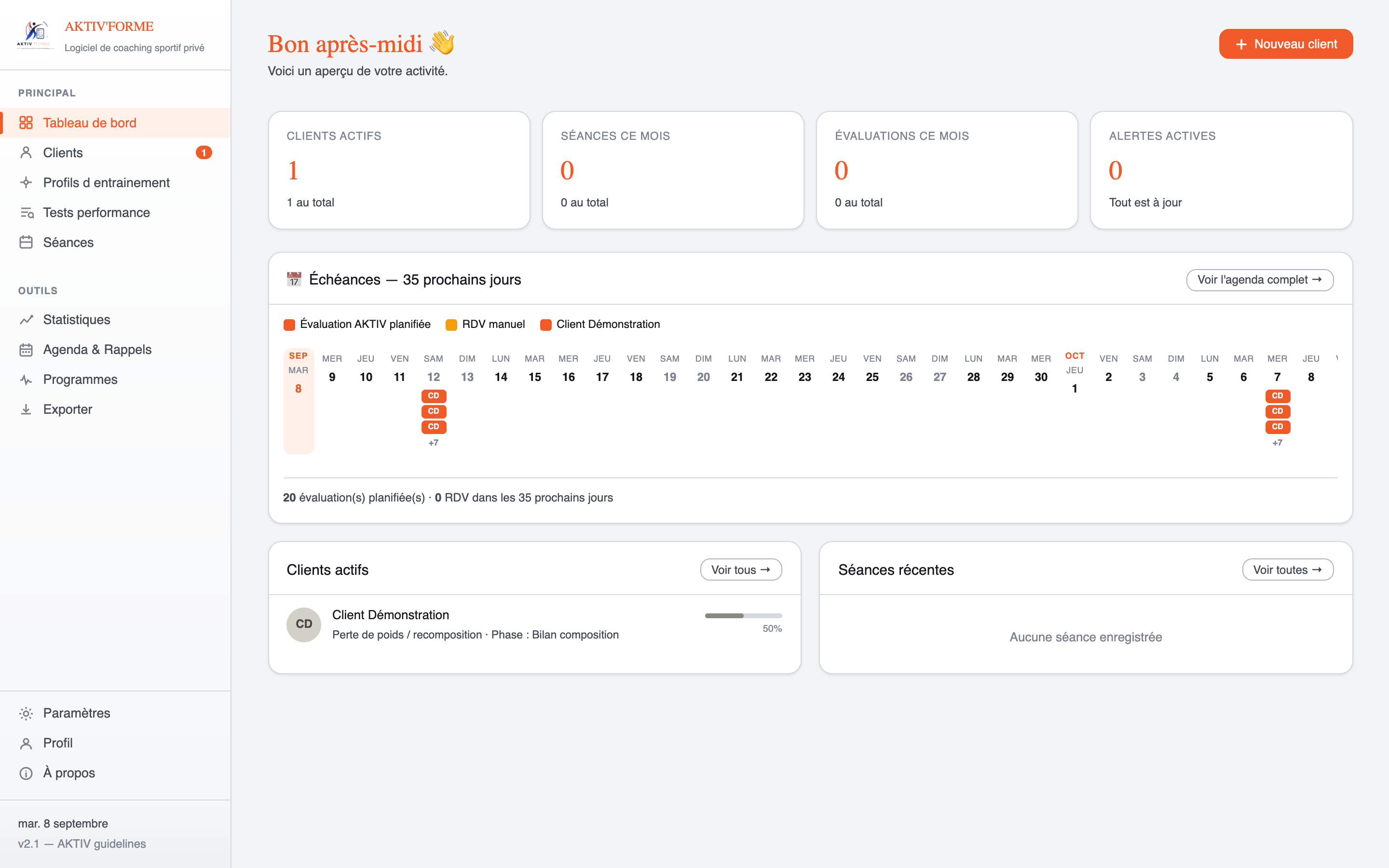 AKTIV FORME : Tableau de bord coaching. Vue de démonstration sans données patients.